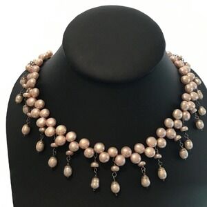 Vintage 925 Sterling Silver Real Light Pink Pearl Dangle Statement Necklace